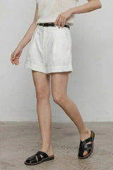 White Linen Cuffed Loose Fit Shorts Pants