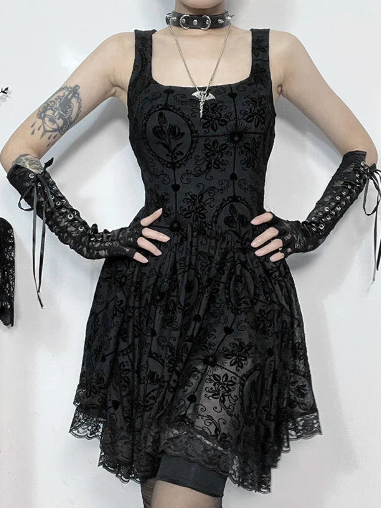 2024 Summer New Harajuku Retro  Wrapped Hip Mini Dress Y2K Vintage Gothic Punk Dark Style Tie Up A-Line Dress