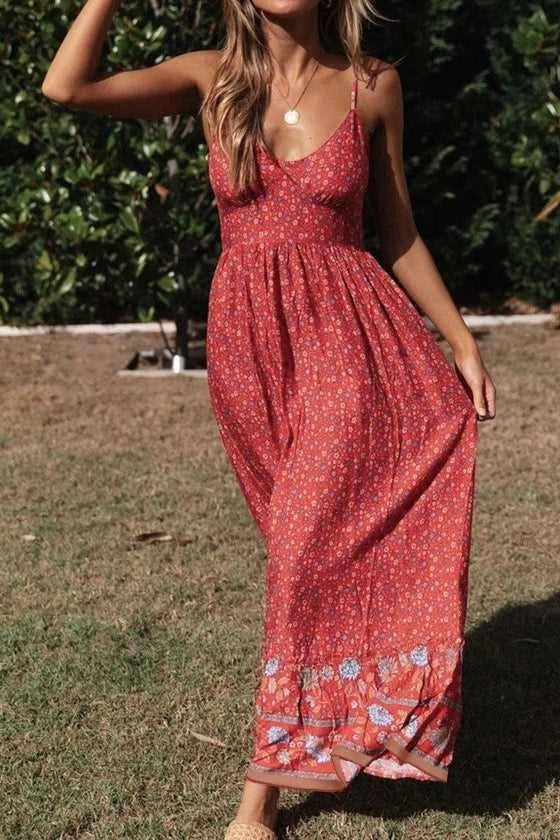 Bohemian Floral V Neck Cami Flare Boho Dress