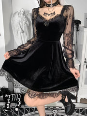 Moon  Black Grunge Dark V Neck Aesthetic Vintage Mini Long Sleeve Autumn Dress