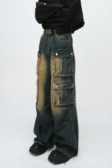 Paneled Multi Pocket Distressed Vintage Cargo Jeans