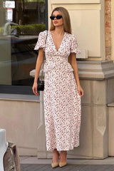 V-Neck Wrap Waist Puff Floral Dress