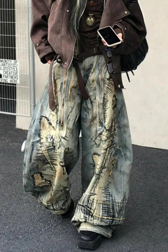 Retro Denim Wide Leg Mop Pants