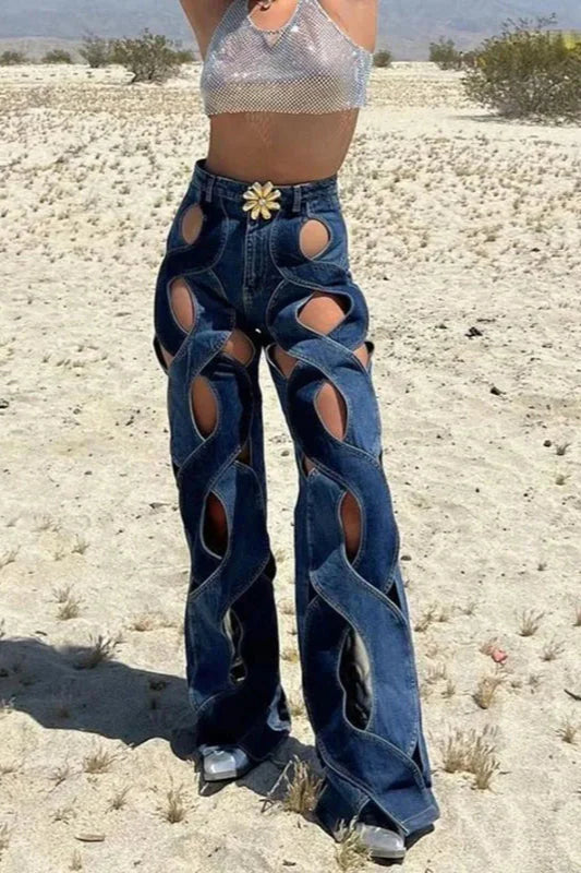 Hollow Button Patchwork Wide Leg Jeans