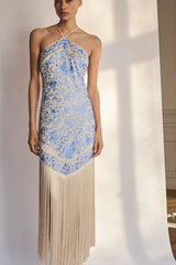 Elegant Fringed Halter Tie Backless Cami Long Formal Dress