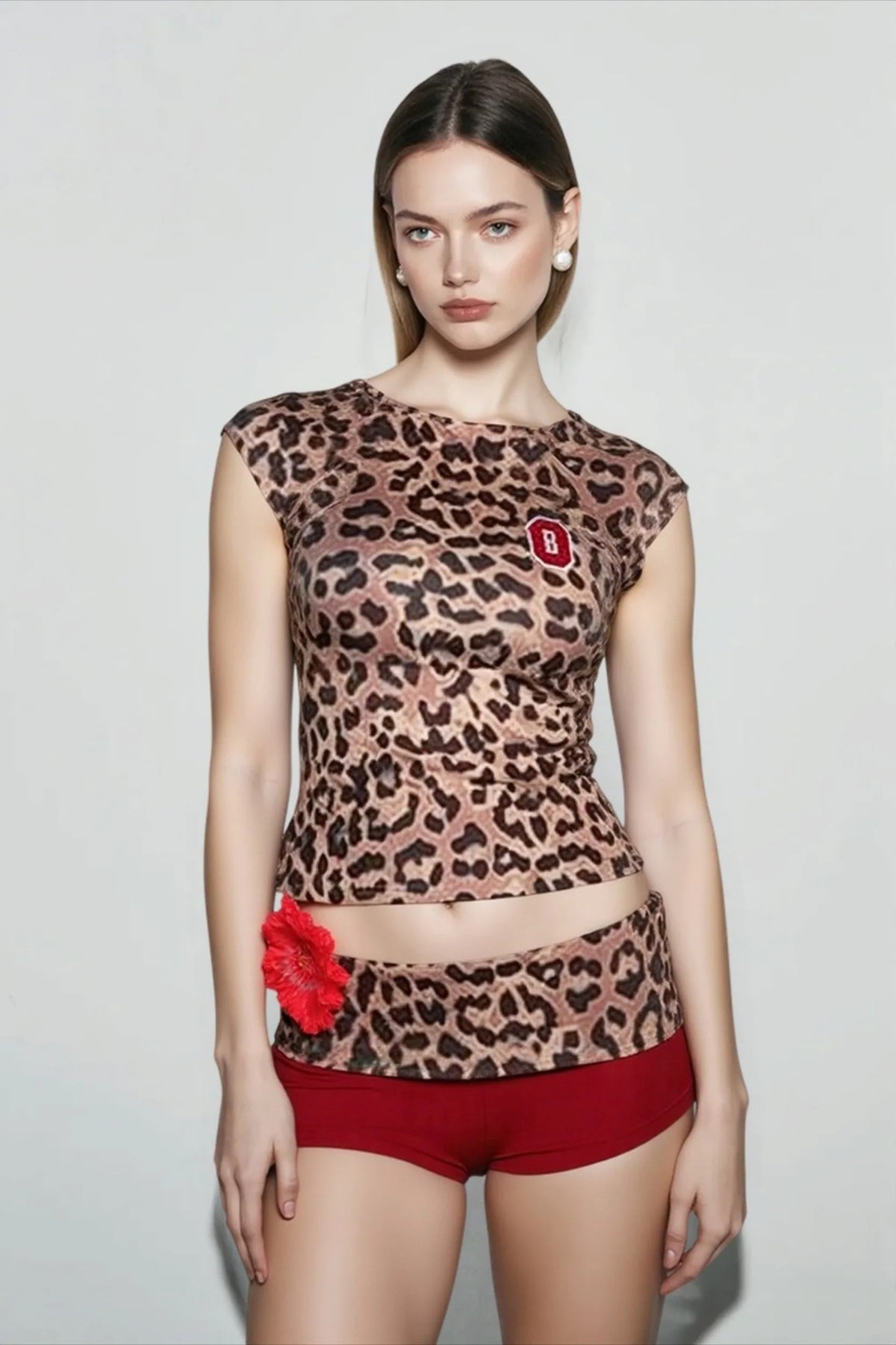 Leopard Print Shorts Sleeve Crop Top Two Piece Shorts Set
