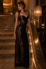 Lace Panel Cutout Sheer Split Slip Dress
