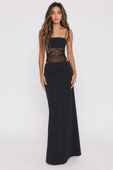 Off-Shoulder Lace Cami Slit Sheer Maxi Lace Dress