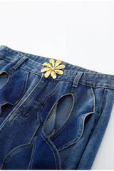 Hollow Button Patchwork Wide Leg Jeans