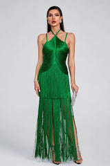 Halter Sling Maxi Fringe Hem Cocktail Dress