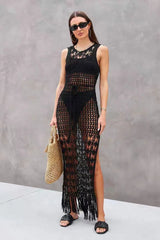 Cut Out Knit Fringe Beach Boho Dress