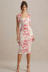 Sweet Floral Tie-Waist Bodycon Floral Dress