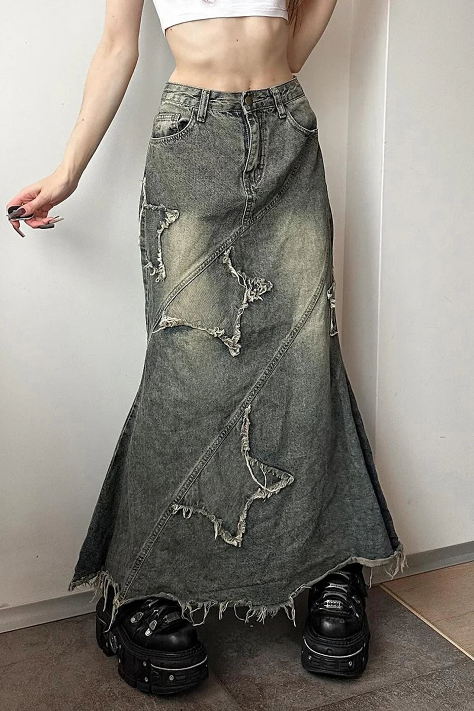 Y2K Raw Hem High Waist Denim Skirt