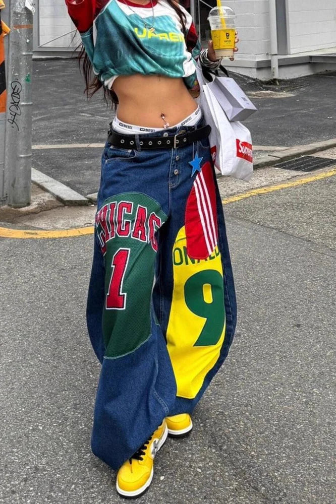 Graphic Patch Wide Leg Floor Length Trendy Hip Hop Jeans