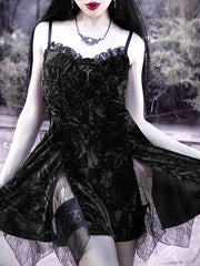 Y2K Gothic Vintage  Mesh Velvet Mini Grunge Aesthetic Dark High Waist Slit Partywear Emo Lolita Clubwear Dress