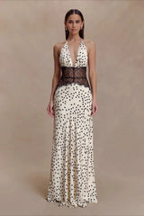 Polka Dot Lace Backless Waist Tie Maxi Lace Dress