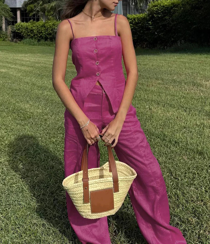 Pink Cotton Wide Leg Pant Suit