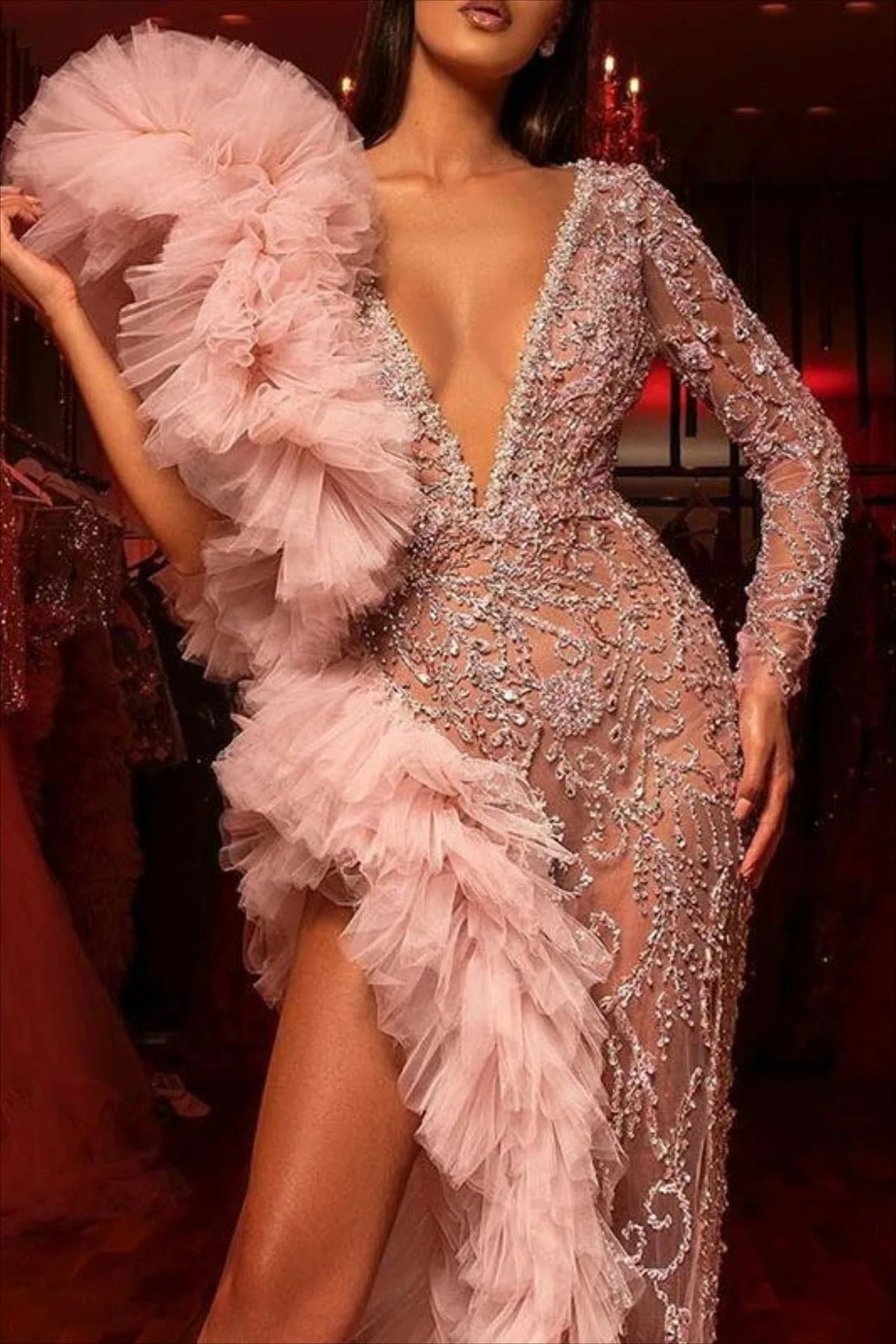 Sequin Long Sleeve Asymmetrical Prom Dress