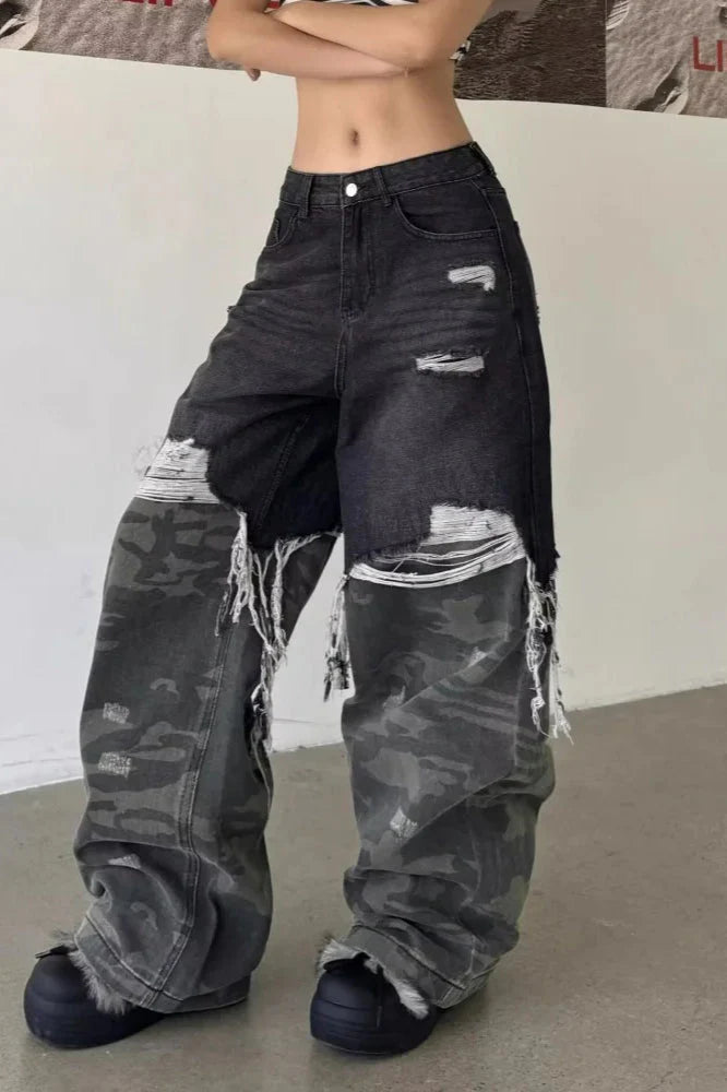 Camouflage Patchwork Baggy Wide-Leg Jeans