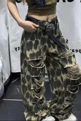 Leopard Ripped Wide Leg Jeans