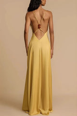 Satin Deep V Backless Maxi  Silk Dress