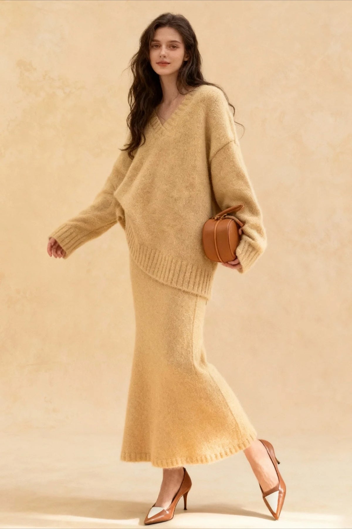 Lazy V-neck Knit Sweater Mermaid Skirt Two Piece Set