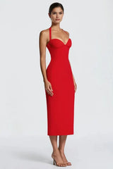 Solid Halter Neck Tie Back Midi Party Dress