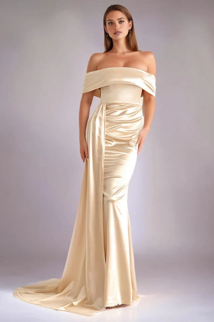 Solid Satin Off-Shoulder High-Waist Mermaid Silk Dress