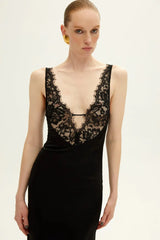 Elegant Deep V Lace Patchwork Lace Dress