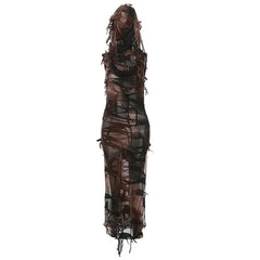 Tassel Vintage Gothic Hooded Midi Dress Fairy Grunge Y2K  High Split Sleeveless Tie Dye Dress