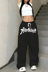 High Waist Drawstring Loose Straight Wide Leg Pants
