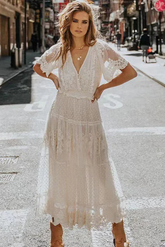 Short Sleeve V Neck Lace Boho Dress