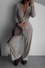 Button Cardigan Pants Casual Two Piece Set