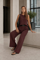 Stripe Crew Sleeveless High Waist Wide Leg Work Set