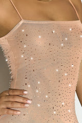 Sheer Mesh Rhinestone Spaghetti Strap Bodycon Dress