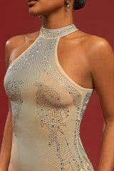 Halter Mesh Rhinestone Print Bodycon Cocktail Dress