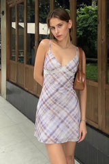 Plaid Lace Trim Bow V Neck Adjustable Slip Dress