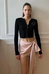 Satin Lace Bow Asymmetric Skirt