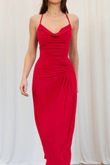 Halter Neck Tie Detail Evening Wrap Dress