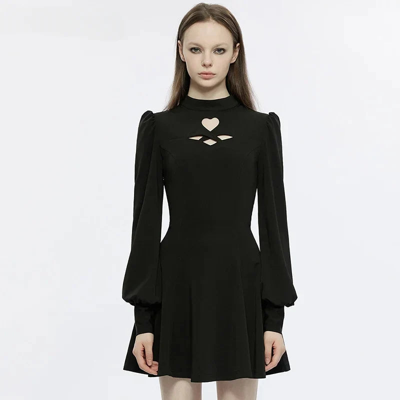 Heart-shaped Hollowing Puff Princess Sleeves Gothic Daily Party Club  Black Gothic Dress