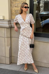 V-Neck Wrap Waist Puff Floral Dress
