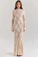 Lace Round Neck Long Sleeve Hollow Slim Lace Dress