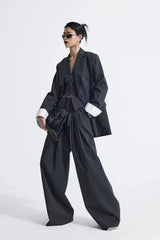 Grey Striped Vest Wide Leg Three Piece Set
