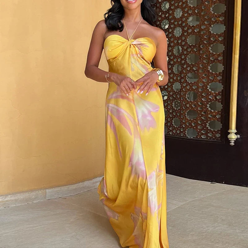 Halter Satin Hollow Slim Floral Dress