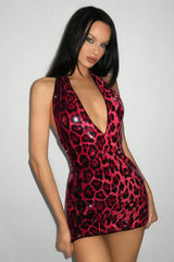 Sleeveless Halter Leopard Beaded  Sequin Dress