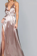 Slit Cami Backless Solid Silk Dress