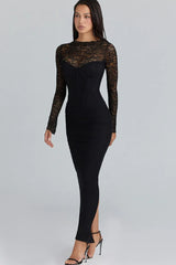 Lace Trim Sheer Mesh Side Slit Fit Floor Lace Dress