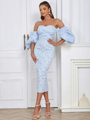 Flower Print Sky Blue V-Neck Bodycon Lace Dress