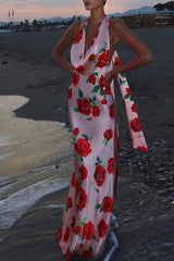 Printed Halter Backless  Maxi Silk Dress