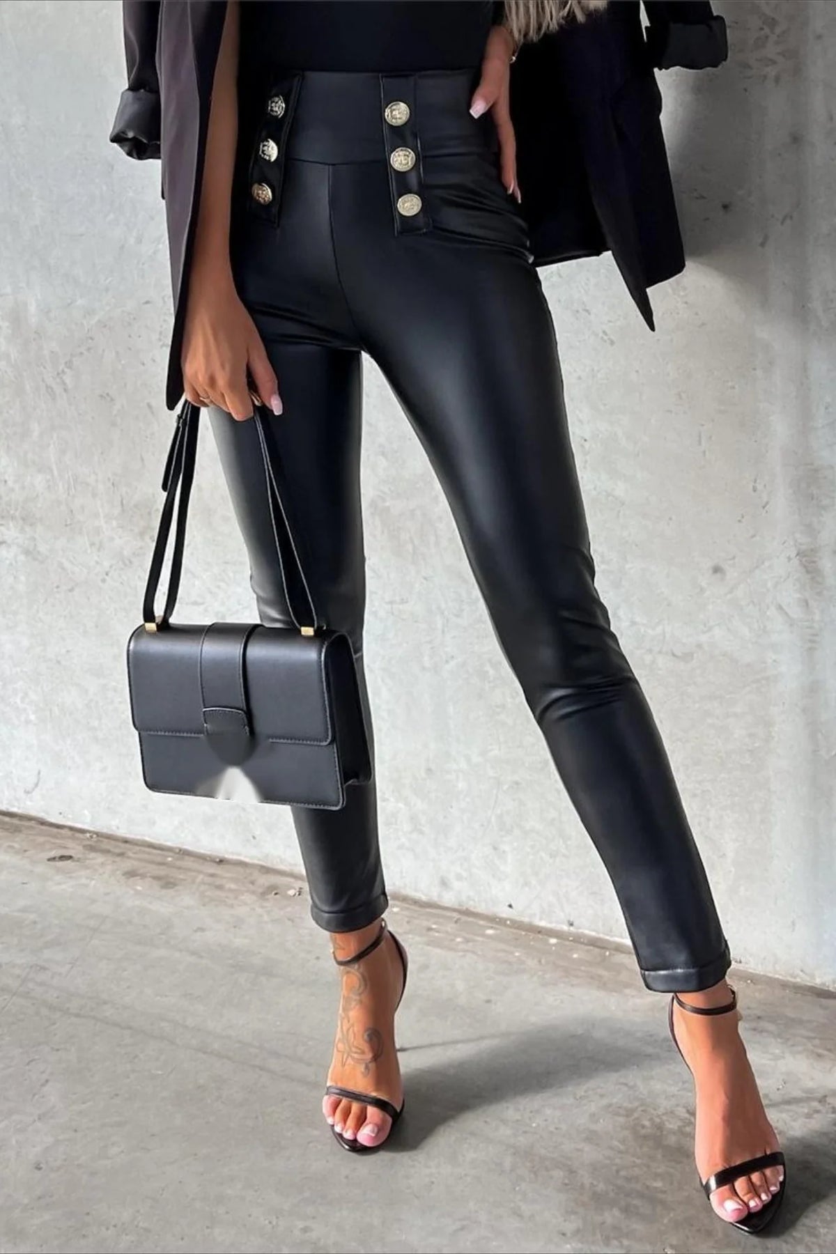 Buttoned PU Slim Fit  Tight Casual Fashion Pants